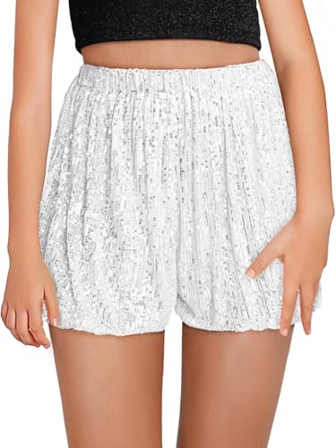 Haloumoning Girls Sequin Shorts High Waisted Wide Leg Sparkly Glitter Party Shorts 5-14 Years White
