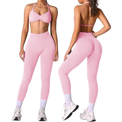 MAYROUND Ensemble de sport 2 pièces pour femme - Dos nu - Soutien-gorge de sport et leggings froissés - Sans couture - Survêtement de yoga, rose, XS