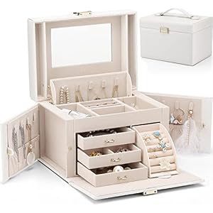 Vlando Jewelry Box Organizer for Girls Women, Large Vintage Jewelry Storage Box with Mirror, Drawers for Bracelets…