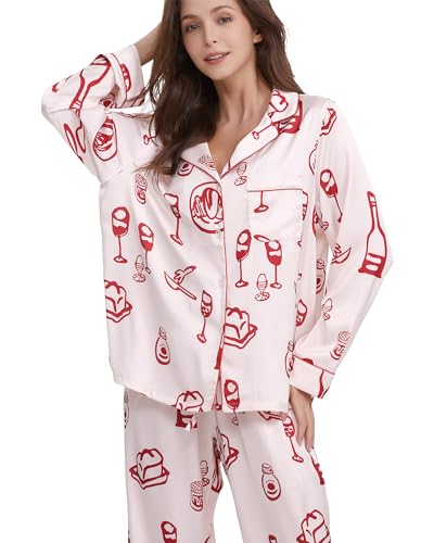 Image of YiNi LuLu Womens Silk Satin Pajamas Set Button Down 2 Piece Pjs Long Sleeve Oversized Sleepwear with Pockets