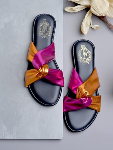 Image of Shoetopia Girls Flat Slide Sandals - Soft Suede Knot Strap Casual Summer Slip-Ons for Everyday Comfort Stylish, |Footwear Lightweight| Durable Design Perfect for Casual Outings Women