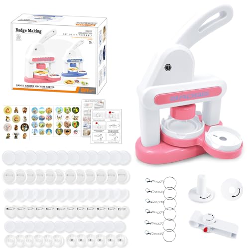 LZEXIN Button Maker Machine 55mm, Badge Punch Press Kit, Badge Machine with Circle Cutter, Button Badge Maker Machine with 48pcs Button Parts, DIY Round Pin Maker Kit for Kids(Pink)