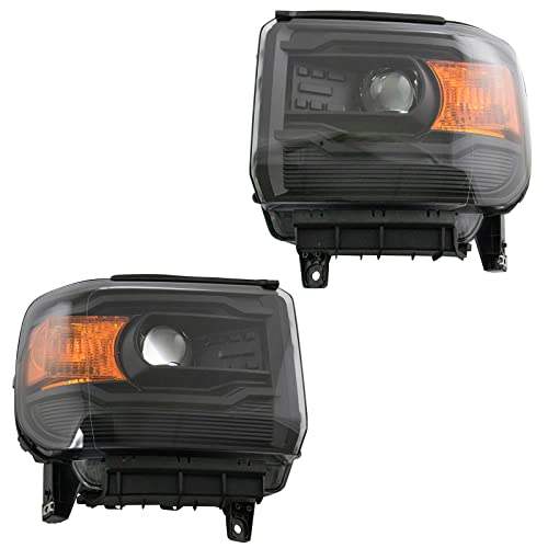 Image of TRQ 2 Piece Headlight Assembly Set Black Bezel Driver & Passenger Side Compatible with 2014-2018 Sierra 1500 2015-2019 Sierra 2500 HD, 3500 HD GM2502394