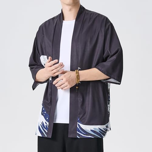 Image of PRIJOUHE Men's Japanese Kimono Cardigan Jackets Casual Long Sleeve Open Front Coat Lightweight Yukata Outwear