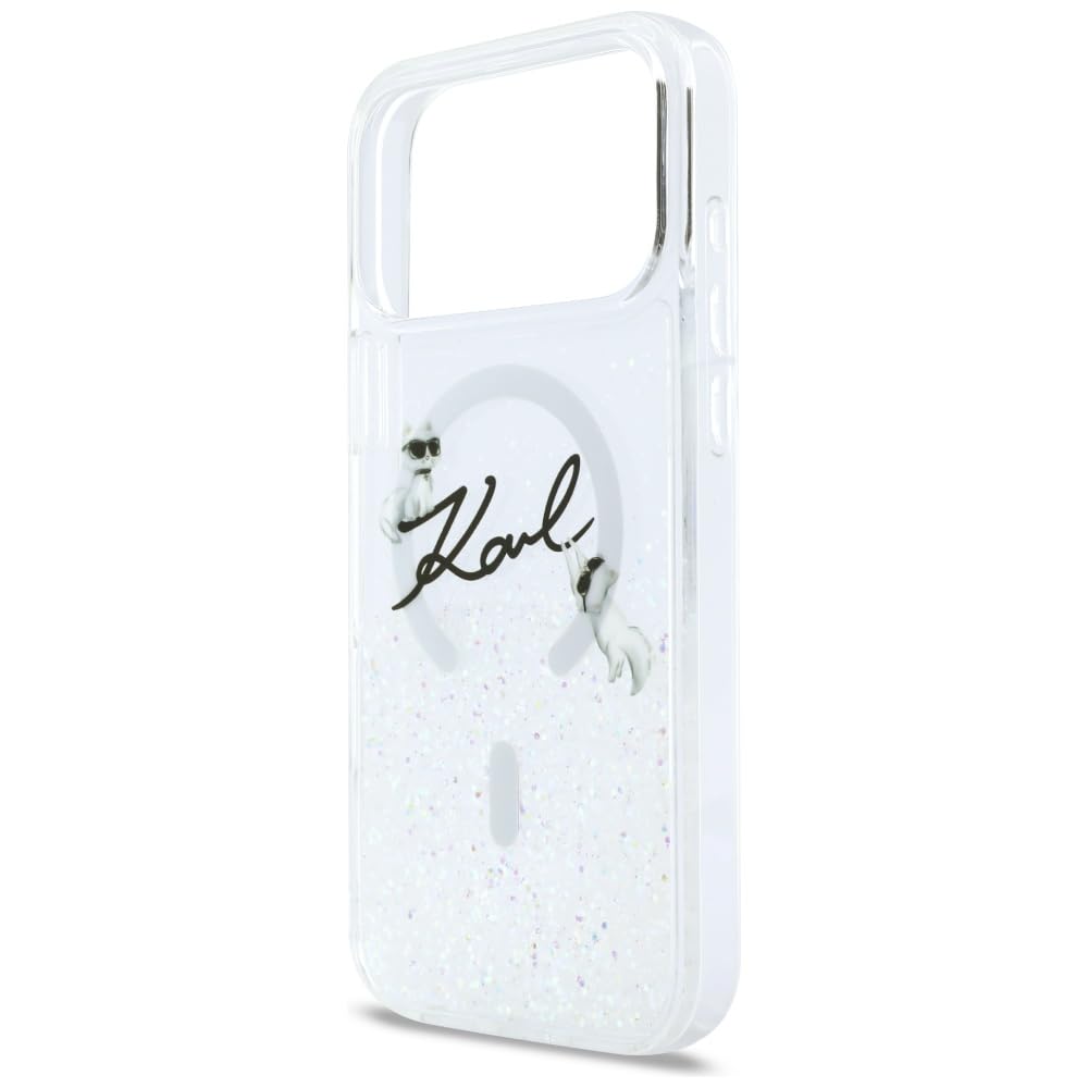 CG MOBILE Karl Lagerfeld - Custodia per iPhone 17 Pro Max con brillantini liquidi Karl Script Log compatibile con MagSafe (trasparente)