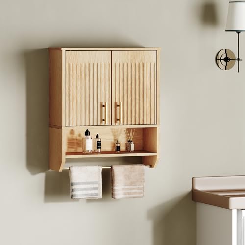 HOOBRO Fluted Bathroom Wall Cabinet, Farmhouse Medicine Cabinet with 2 Fluted Doors, Wall Storage Shelf with Towel Rack, Adjustable Shelf, for Small Spaces, Bathroom, Kitchen, Natural - Image 3