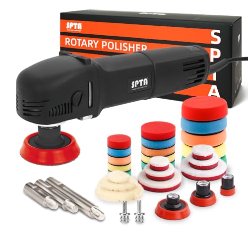 SPTA Mini Polishing Machine Buffer Rotary Polisher Auto Detailing Superpolish with 27Pcs Detail Polishing Pad Mix Size Kit Buffing Pad and 75mm ,100mm,140mm M14 Thread Extension shaft