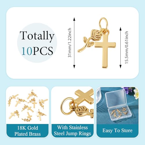 Image of 10Pcs 18K Gold Plated Cross Charms Brass Golden Crucifix with Rose Flower Pendants Permant Metal Jewelry Charms with Jump Ring for DIY Bracelet Necklace Earring Jewelry Making