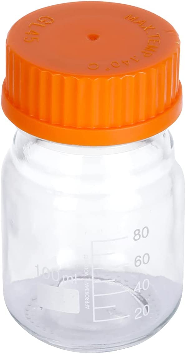 Lab Media Storage - Botellas redondas de vidrio graduado GL45, tapa de rosca a prueba de fugas, multiusos para científicos, paquete de 20 (naranja, 100 ml)