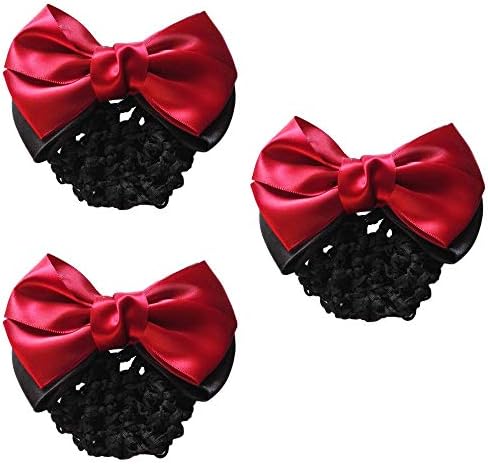 MOTZU 3 Pieces Bowknot Snood Net Barrette Hair Clip Bun Cover Hairnet Lace Bow Decor for Woman, Colour Red