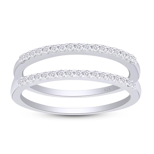 AFFY Round Cut White Cubic Zirconia Enhancer Guard Ring for Women – 14K White Gold Over Sterling Silver Double Band Ring Wrap for Engagement & Wedding Rings, Ring Size- 7
