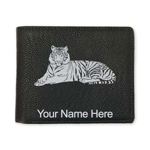 LaserGram Faux Leather Bi-Fold Wallet, Tiger, Personalized Engraving Included (Black with Silver)
