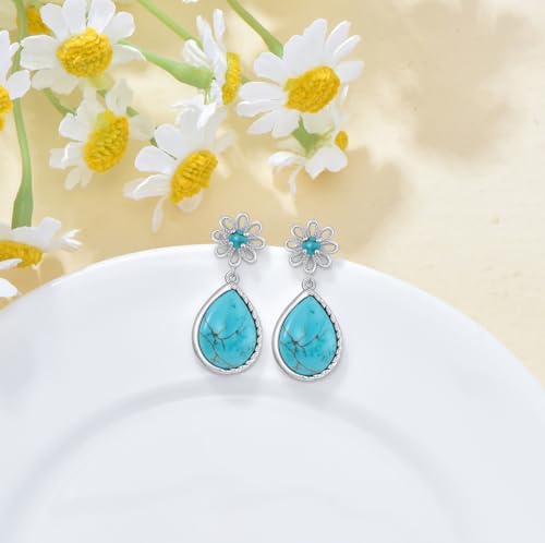 Genuine Turquoise Dangle Daisy Earrings for Women, Sterling Silver Vintage Native American Western Jewelry Teardrop Earrings3