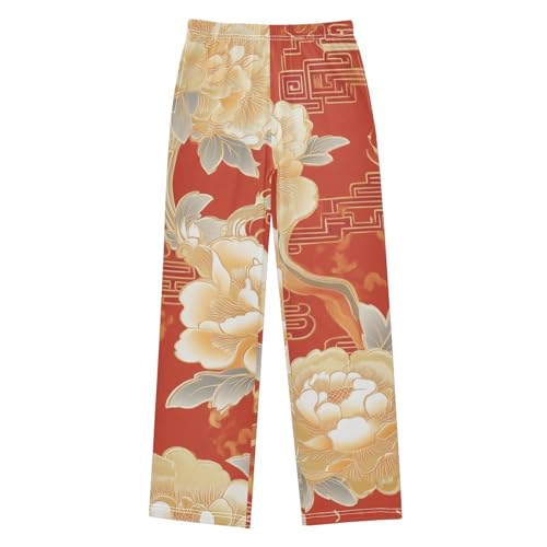 Golden Peony Flower Boys Long Pants Soft Trousers Elastic Waist Kids Lounge Bottoms with Pockets S-XL