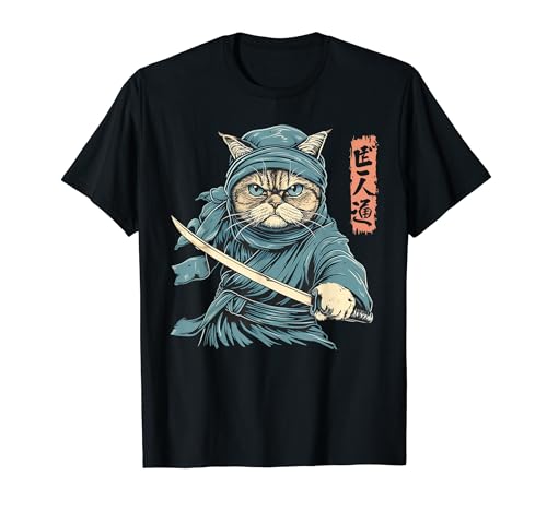 Japanese Art Cat Ninja Ukiyo-e Anime Style Samurai Cat Camiseta