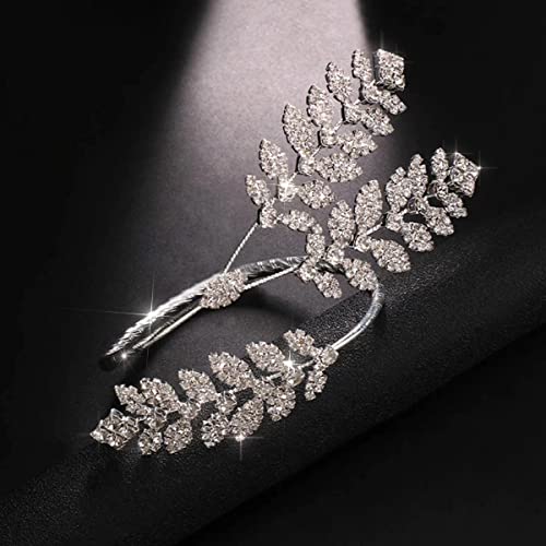 Stonefans Bridal Leaf Rhinestone Cuff Bracelets For Women Silver Wedding Open Bangle Bracelet Elegant Hand Arm Jewelry (Silver) #TOP2