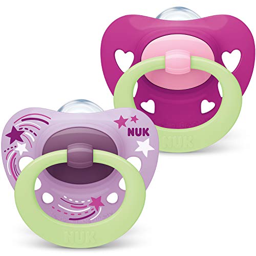 NUK Tétine pour bébé Signature Night | 6-18 mois | Sucettes phosphorescentes | Silicone sans BPA | Cœurs violets | 2 pièces