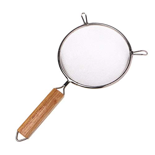 Küchensieb für Lebensmittel, feinmaschiges Sieb, Edelstahl, Doppelgitter-Sieb, Siebsieb, Holzgriff, Netzsieb (Größe: 18 cm)