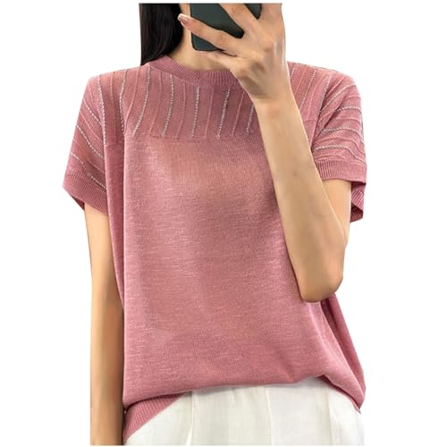 Camisas de manga corta para mujer, de punto, transpirables, con cuello en V, casuales, holgadas, color liso, para el trabajo, camisetas básicas para vacaciones, para salir, rosa, M