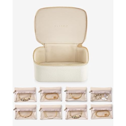 Vlando Travel Jewellery Box, PU Leather Jewellery Organiser with 8 Velvet Jewellery Pouch, Jewellery Case for Necklace,Ring,Earring,Watch, Gifts for Women - White M B.8 Pcs-white