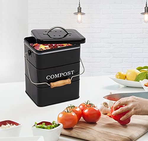 ayacatz Stainless Steel Compost Bin for Kitchen Countertop Compost Bin1 Gallon, Kitchen Trash Can -Includes Charcoal FilterCompost Bucket Kitchen Pail Compost with Lid -Black 