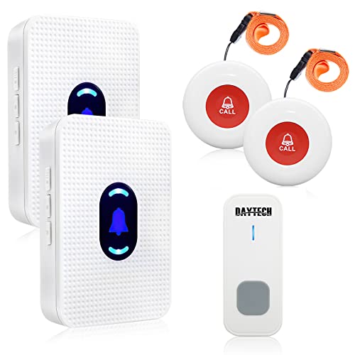 Daytech Botón de llamada inalámbrico para pacientes ancianos con botón de ayuda Pacnic para el hogar con 2 receptores y 2 transmisores impermeables y 1 timbre Cover