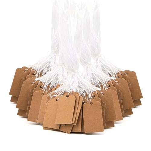 LEMLIN - Lot de 200 étiquettes de prix en papier kraft - 25 x 15 mm - Fabriquées à la main - Avec cordon élastique - Pour bijoux, vêtements, cadeaux (marron)
