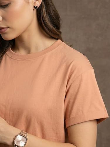Image of JUNEBERRY Pure 100% Cotton Oversized Loose Fit Drop Shoulder Round Neck Boyfriend Fit Solid Half Sleeves T-Shirt for Women & Girls (Sizes: S to 2XL)