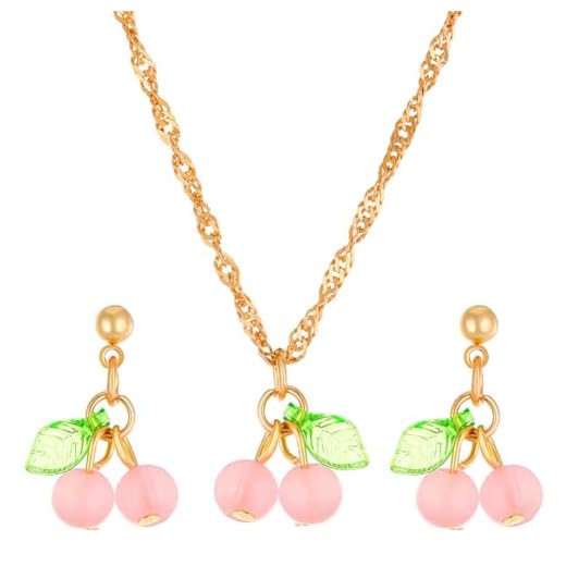 Ailiessy Conjunto de pingente de colar de cereja acrílico frutas cereja brincos pendentes colar contas de resina brincos para mulheres joias de areia presente, Metal, Sem Pedra Preciosa