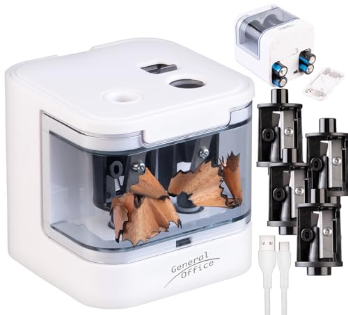 General Office Spitzer: Bleistiftspitzer, USB- & Batterie-Betrieb, 6-12 mm Ø Stifte, weiß (Bleistift Spitzer, Elektronischer, Pencil)
