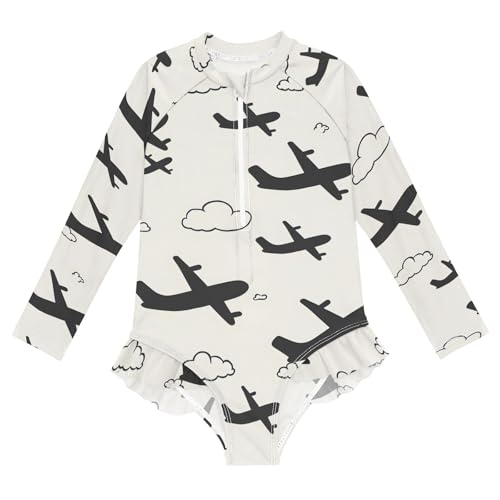 ALAZA Toddler Swimsuit Girl Bathing Suit Swimwear Rash Guard Airplane Cloud Long Sleeve 3T