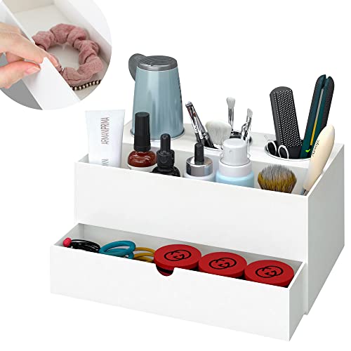 AKTOP Hair Tool Organizer with Drawer -White Acrylic Hair Dryer Holder, Hair Styling Tools & Accessories Organizer, Bathroom Vanity Countertop Storage for Flat Irons, Curling Irons - Hold Hot Tools