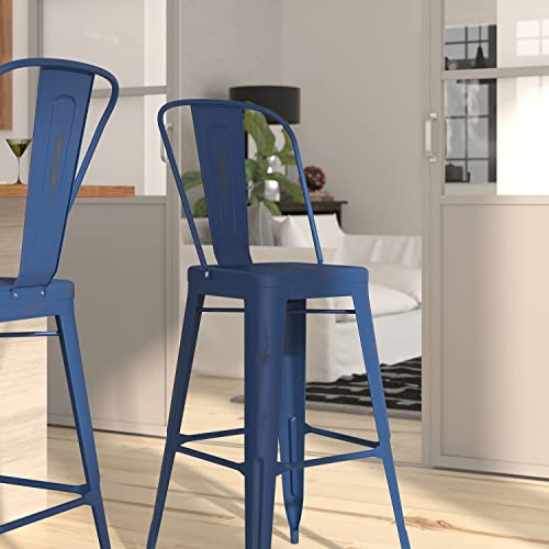 Merrick Lane Sabine 30" Metal Indoor-Outdoor Counter Stool With Vertical Slat Back And Integrated Footrest In Distressed Antique Blue #TOP1