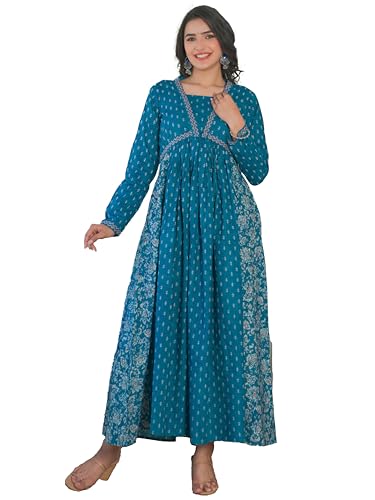 Image of Vbuyz Women's Floral Print Anarkali Cotton Aqua Blue Stitched Kurta | Anarkali Kurti for Women | Kurta for Women