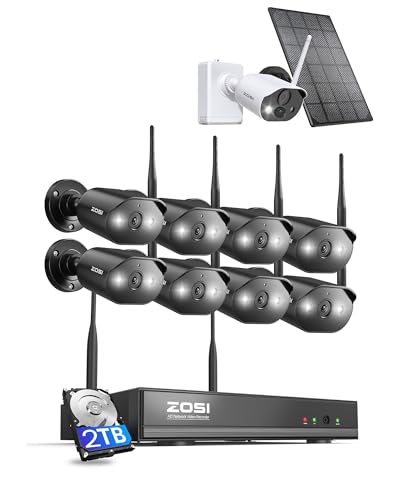ZOSI 2K Wi-Fi 6 Security Camera System with 2TB HDD, 8 x 3MP Plug-in WiFi Cameras Outdoor and 2 x C306 Pro 3MP 2K Wireless Solar Security Camera, AI Detection, Color Night Vision Light & Siren Alarms