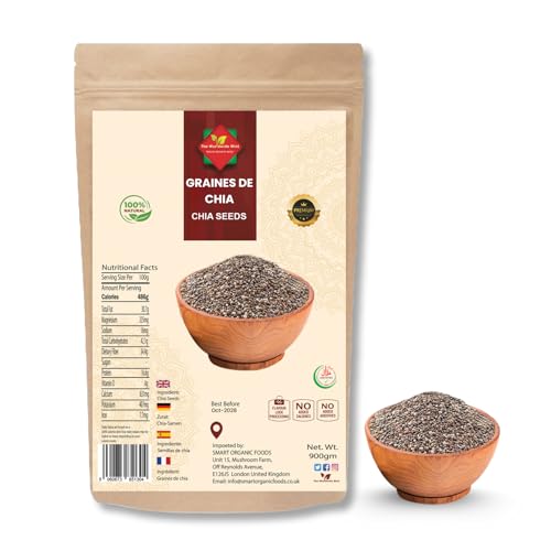 Graines de chia (900g / 31,75 oz) | Graines de chia noires brutes | Source naturelle de fibres et d'oméga 3 | Végétalien, sans gluten et sans OGM | Graines de chia entières de qualité supérieure pour