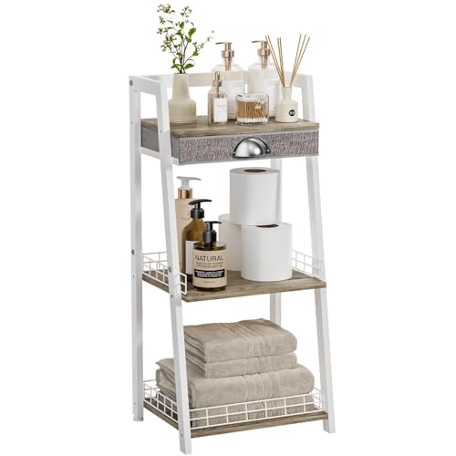 keomaisyto 3-Tier Small Bathroom Shelves with Drawer, Floor Storage Shelf, Small Bathroom Stand Rack, Freestanding Ladder Shelf for Living Room Bedroom, White by keomaisyto - Used condition - US$27.59