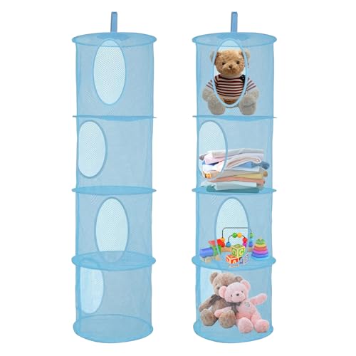 Zyluniy 2 Stück Hängender Speicherkorb, 4 Tier Faltbare Aufbewahrungsnetze, Kuscheltiere Hängeregal, Hängende Mesh Aufbewahrungsnetze, Hängeaufbewahrung Netz für Spielzeug, Kleine Kleidung (Blau)