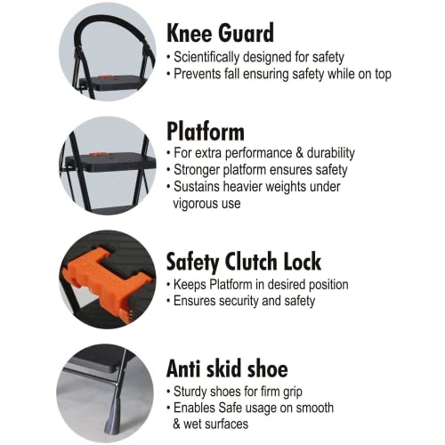 Image of ORRIL OBBO 2 Step Ladder for Home, Foldable Step Ladder with Wide Anti-Skid Steps, Alloy Steel, Black