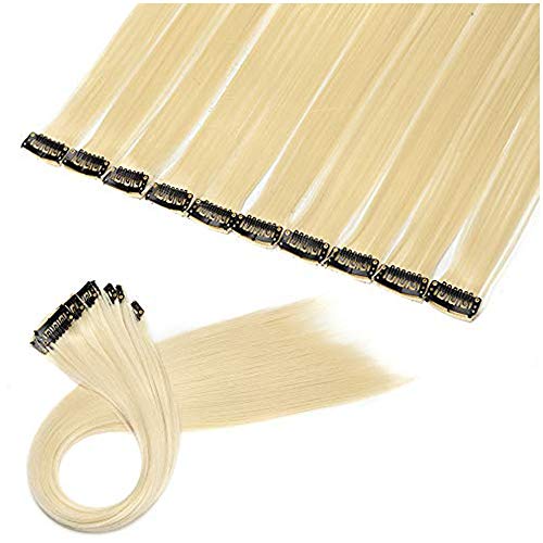 20'(50cm) SEGO Extensiones de Cabello Clip Colores 10PCS Mechas Postizas para Niñas Muñecas [Blanqueador Rubio] Pelo Sintético Se Ve Natural Accesorios Lisos(80g)