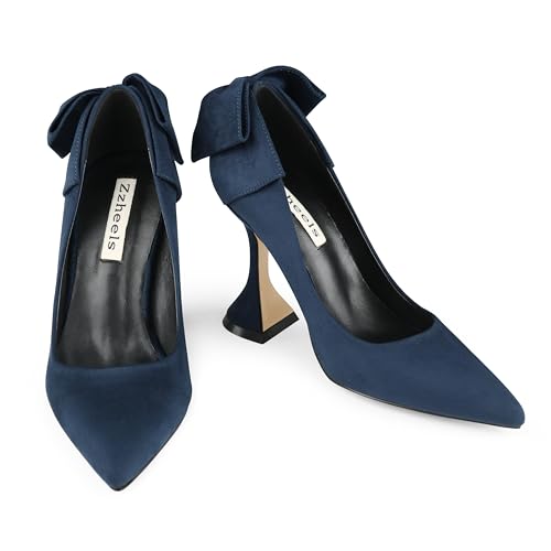 Image of Zzheels Women's Bow Heels Pointed Toe Chunky Pumps | Back Bow, Flare Heels, Block Heels, Bridal Wedding Shoes