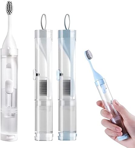 2Pcs Travel Toothbrushes Kit Fold Travel Size Toothbrushes Built-in Toothpaste Container, Including 2 Cleaner Head Soft Bristles for Camping, School, Business Trip (Blue, White)