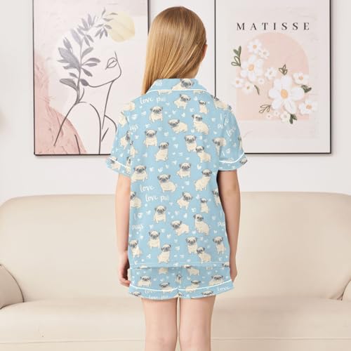 Cute Pugs Blue Pattern Summer Satin Pajama Set, Cute Button-Down Sleepwear Pj Set for Sleep Wears4