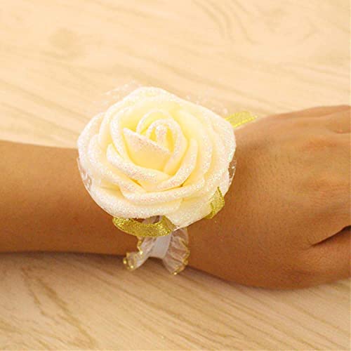 Corsage de poignet de mariage avec roses en soie rose et ruban blanc pour demoiselle d'honneur