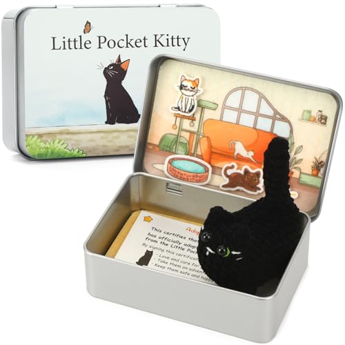 JULEASEL Little Pocket Kitty Mini Cat Kit in Tin Box, Crochet Cat, Pocket Pets Scene DIY, Cute Black Cat with Adoption Certificate, Mini Cats Gift, Travel Buddy, for Cat Lovers Girls