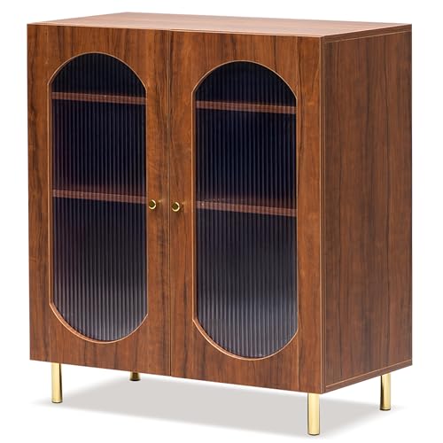 Image of Rocco Stellar Bookshelf with Auto LED Lights & Acrylic Fluted Doors | Engineered Wood Bookcase | Adjustable Shelves, Scratch-Resistant | Living Room, Library & Office (Teak Brown, Medium Size)