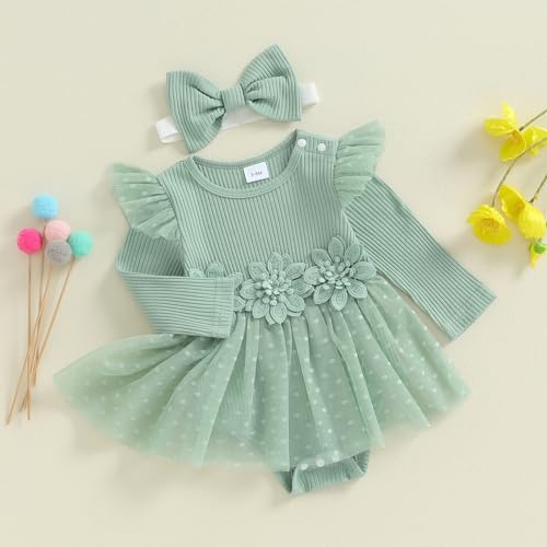 Hnyenmcko Newborn Baby Girl Romper Dress Long Sleeve 3D Flower Embroidery Tulle Dresses Jumpsuit Fall Winter Outfits Set (Tulle-Green, 0-3 Months) #TOP28