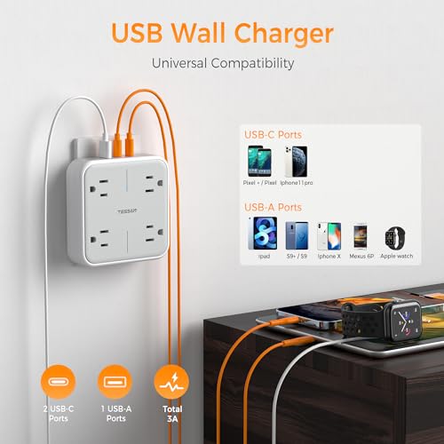 image for Multi Plug Outlet Extender, TESSAN 4 Outlet Splitter 3 USB Wall Chargi