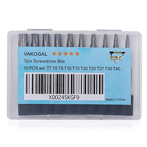10Pcs Torx Head Screwdriver Bit Set, Vakogal S2 Steel Magnetic Security Tamper Proof Star 6 Point Screw Driver Kit Tools, 1/4 Inch, Hex Shank T7-T40 #TOP6