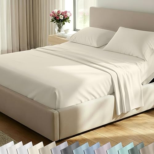 California Design Den - Hotel Luxury Split King Sheets for Adjustable Bed, Soft & Crisp 600 Sateen, 100% Cotton Sheets 5Pc Set with 2 Twin-XL Fitted Sheets, Beats Egyptian Quality Claims (Ivory)
